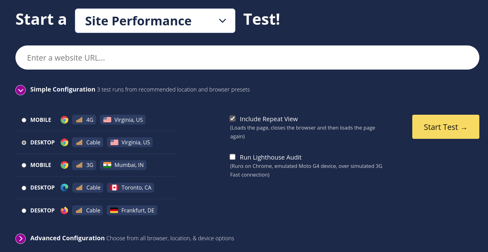 Screenshot of the WebPageTest homepage with a test selected, and “Include Repeat View” checked.
