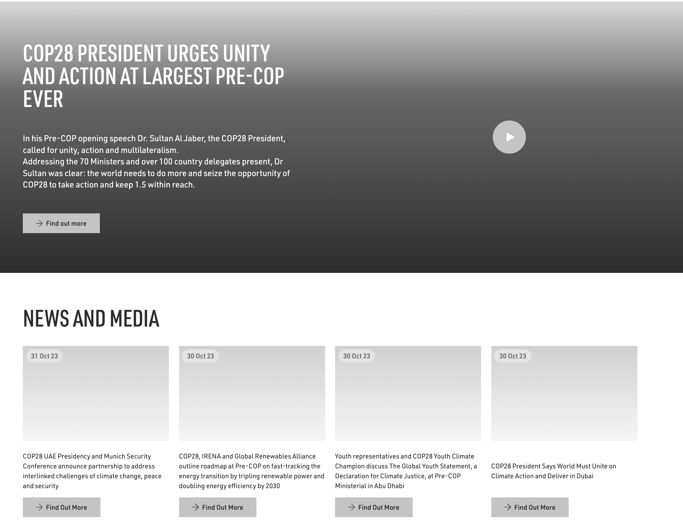 A screenshot showing part of the COP28 homepage in the 
