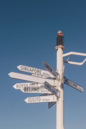 white and black signs pointing in direction of various cities