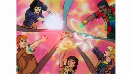Captain Planet cartoon showing five youngsters from diverse backgrounds connecting their rings to summons Captain Planet.