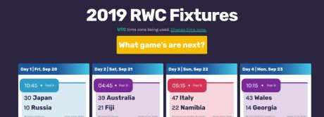 Screenshot of my 2019 Rugby World Cup fixtures website.